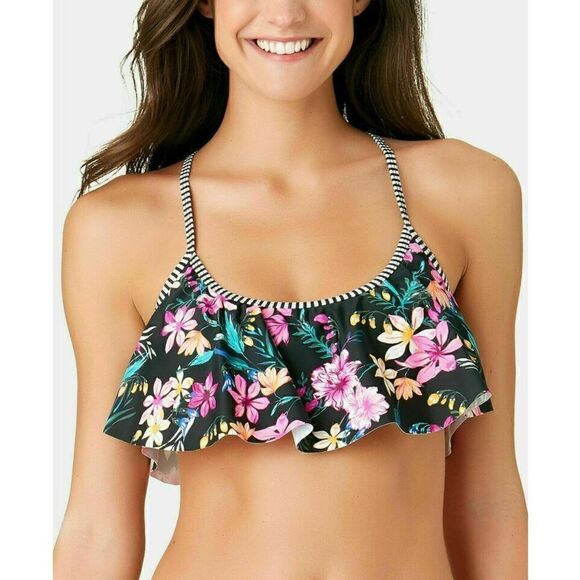 1674 California Waves Juniors ruffle Flounce macrame Bikini Top BLACK sz S - Picture 1 of 2